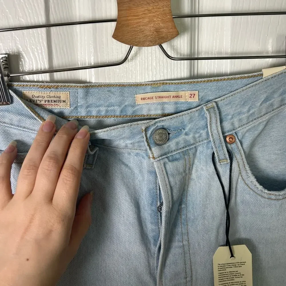 Levi’s Ribcage High Rise Distressed Straight Ankle Blue Jeans Ojai Shore 27